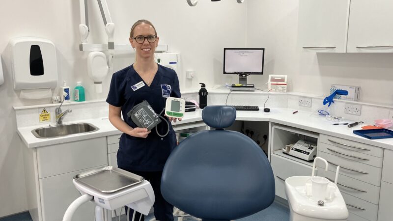 Kayleigh Gleed, Practice Manager and Dental Nurse at the Essex Dental Clinic in Earls Colne, with a blood pressure monitor that will be used in the pilot