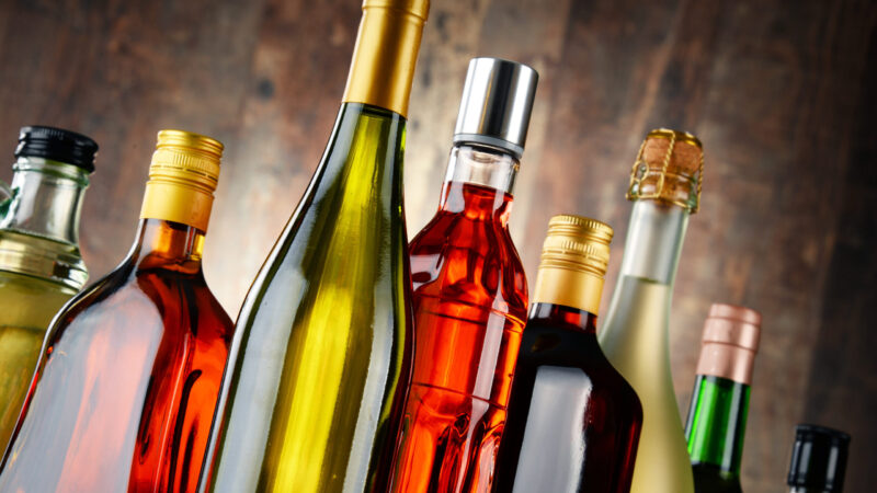 Bottles of assorted alcoholic beverages.