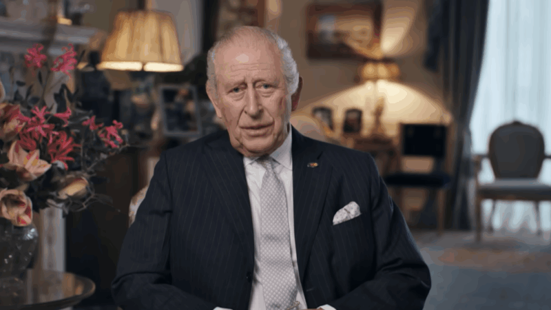 Screen grab of HM The King from his address for Stand Up To Cancer