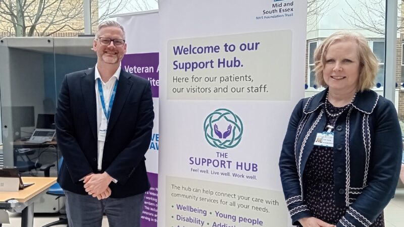 Julie Smith, managing director of the Trust (right) and Dr Matthew Sweeting, Executive Medical Director for NHS Mid and South Essex, at the Support Hub